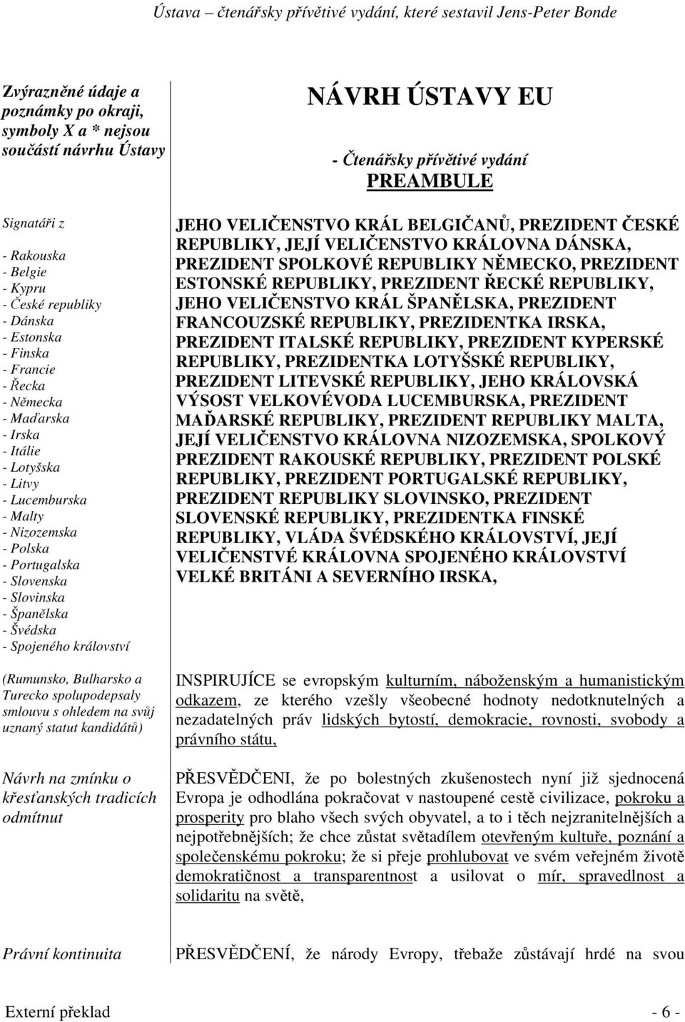 spolupodepsaly smlouvu s ohledem na svj uznaný statut kandidát) Návrh na zmínku o kesanských tradicích odmítnut NÁVRH ÚSTAVY EU - tenásky pívtivé vydání PREAMBULE JEHO VELIENSTVO KRÁL BELGIAN,