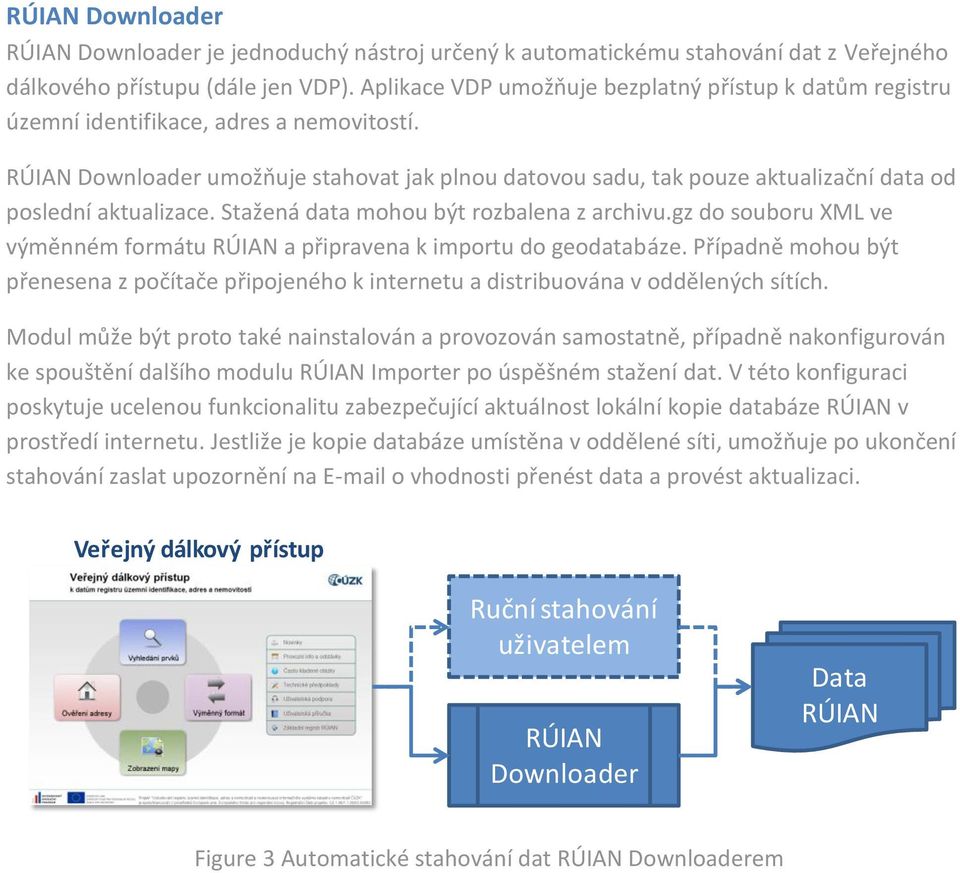 RÚIAN Downloader umožňuje stahovat jak plnou datovou sadu, tak pouze aktualizační data od poslední aktualizace. Stažená data mohou být rozbalena z archivu.