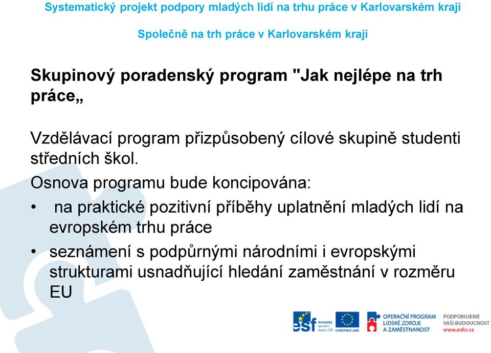 Osnova programu bude koncipována: na praktické pozitivní příběhy uplatnění mladých