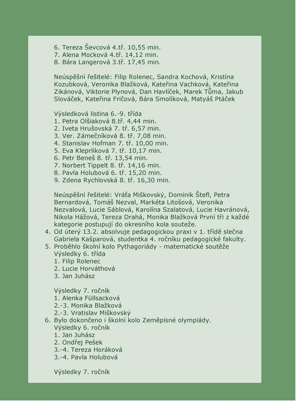 Fričová, Bára Smolíková, Matyáš Ptáček Výsledková listina 6.-9. třída 1. Petra Olšiaková 8.tř. 4,44 min. 2. Iveta Hrušovská 7. tř. 6,57 min. 3. Ver. Zámečníková 8. tř. 7,08 min. 4. Stanislav Hofman 7.