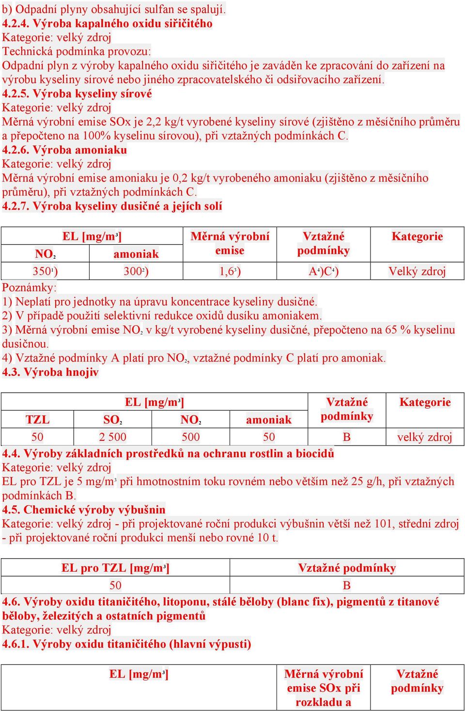 zařízení. 4.2.5. Výroba kyseliny sírové : Měrná výrobní emise SOx je 2,2 kg/t vyrobené kyseliny sírové (zjištěno z měsíčního průměru a přepočteno na 100% kyselinu sírovou), při vztažných podmínkách C.