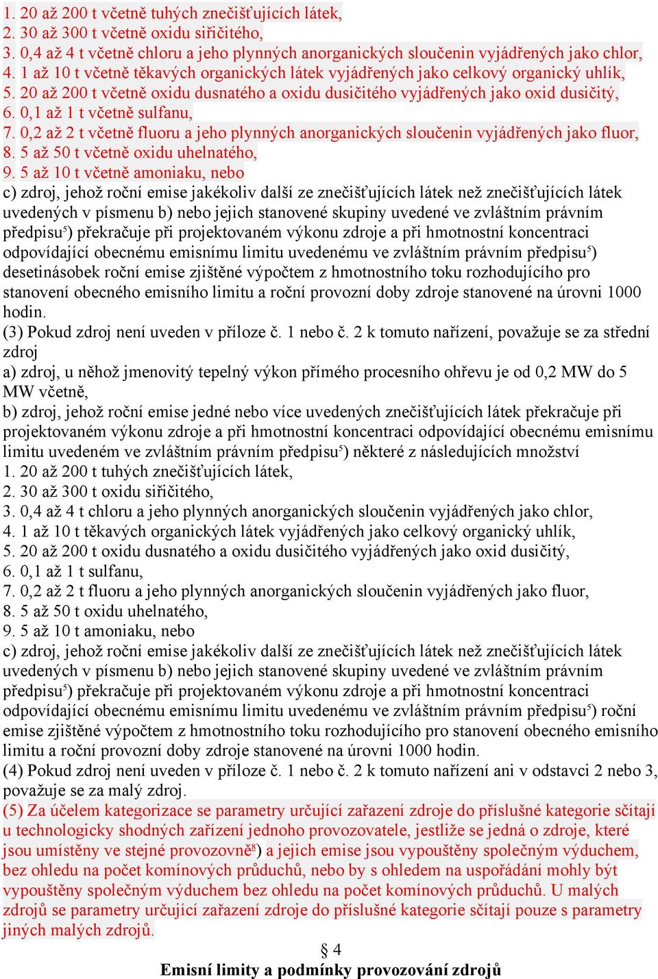 0,1 až 1 t včetně sulfanu, 7. 0,2 až 2 t včetně fluoru a jeho plynných anorganických sloučenin vyjádřených jako fluor, 8. 5 až 50 t včetně oxidu uhelnatého, 9.