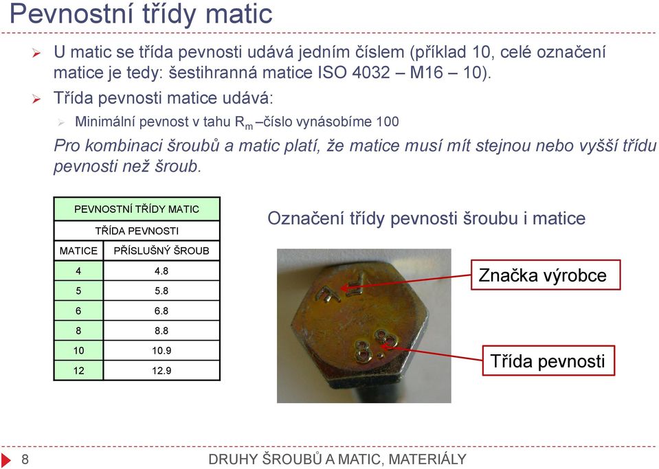 Třída pevnosti matice udává: Minimální pevnost v tahu R m číslo vynásobíme 100 Pro kombinaci šroubů a matic platí, že matice musí