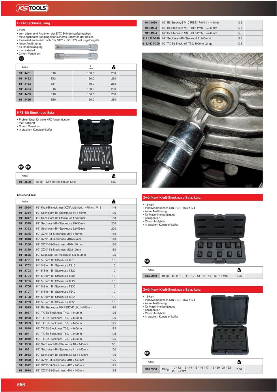 1994 1/2" Bit-Stecknuß M8 RIBE -Profil, l =240mm 175 911.1327-240 1/2" Sechskant-Bit-Stecknuß 7x240mmL 185 911.1624-300 1/2" TX-Bit-Stecknuß T30, 300mm Länge 125 911.4451 E10 150,0 260 911.