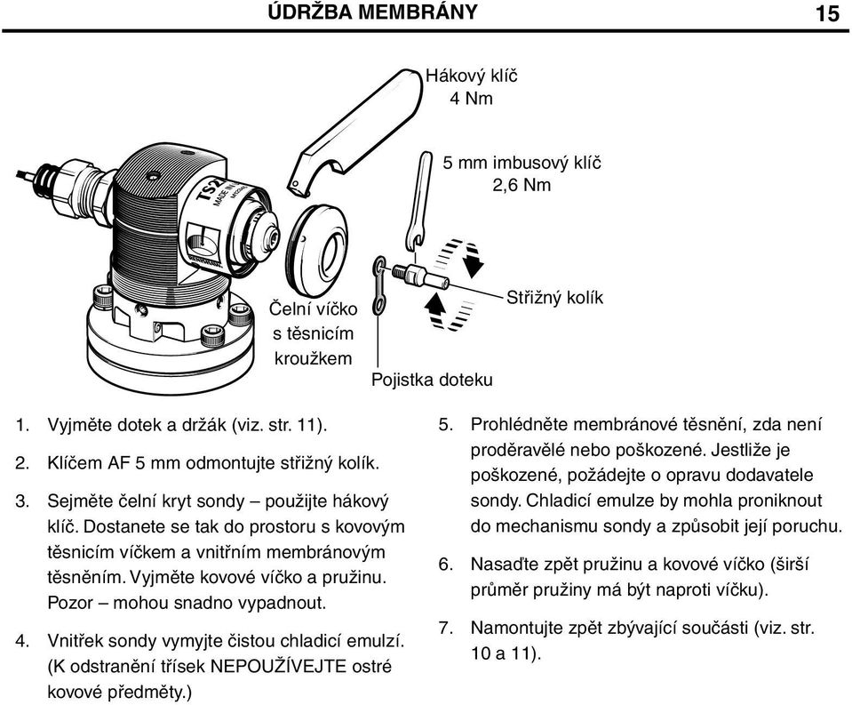 4. Vnitřek sondy vymyjte čistou chladicí emulzí. (K odstranění třísek NEPOUŽÍVEJTE ostré kovové předměty.) 5. Prohlédněte membránové těsnění, zda není proděravělé nebo poškozené.