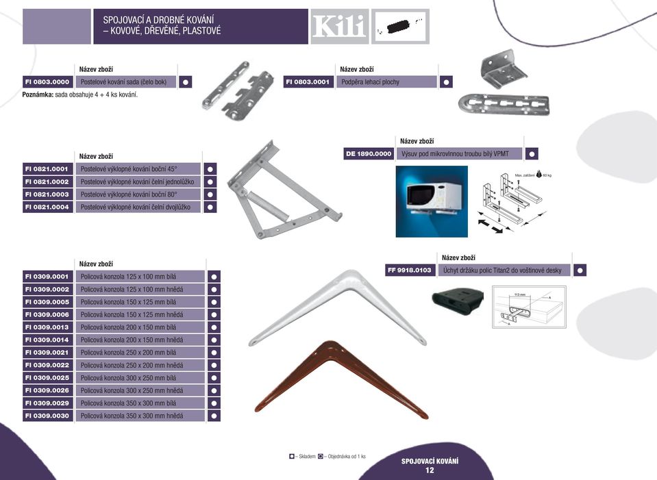 000 Postelové výklopné kování čelní dvojlůžko FI 0309.0001 Policová konzola 12 x 100 mm bílá FF 991.0103 Úchyt držáku polic Titan2 do voštinové desky FI 0309.