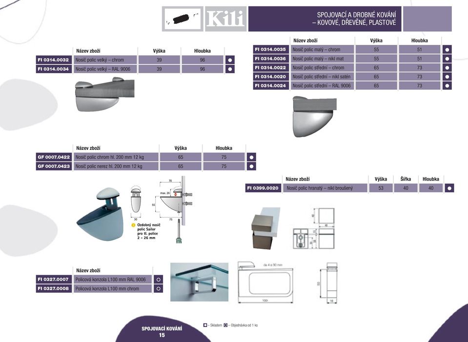 002 Nosič polic střední ral 9006 6 3 Výška Hloubka GF 000.022 Nosič polic chrom hl. 200 mm 12 kg 6 GF 000.023 Nosič polic nerez hl.