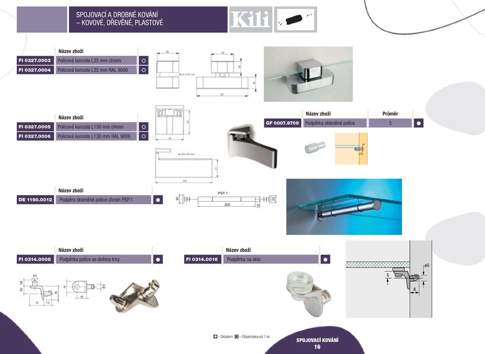 0006 Policová konzola L0 mm RAL 9006 DE 1190.0012 Podpěra skleněné police chrom PSP.1 30 PSP.