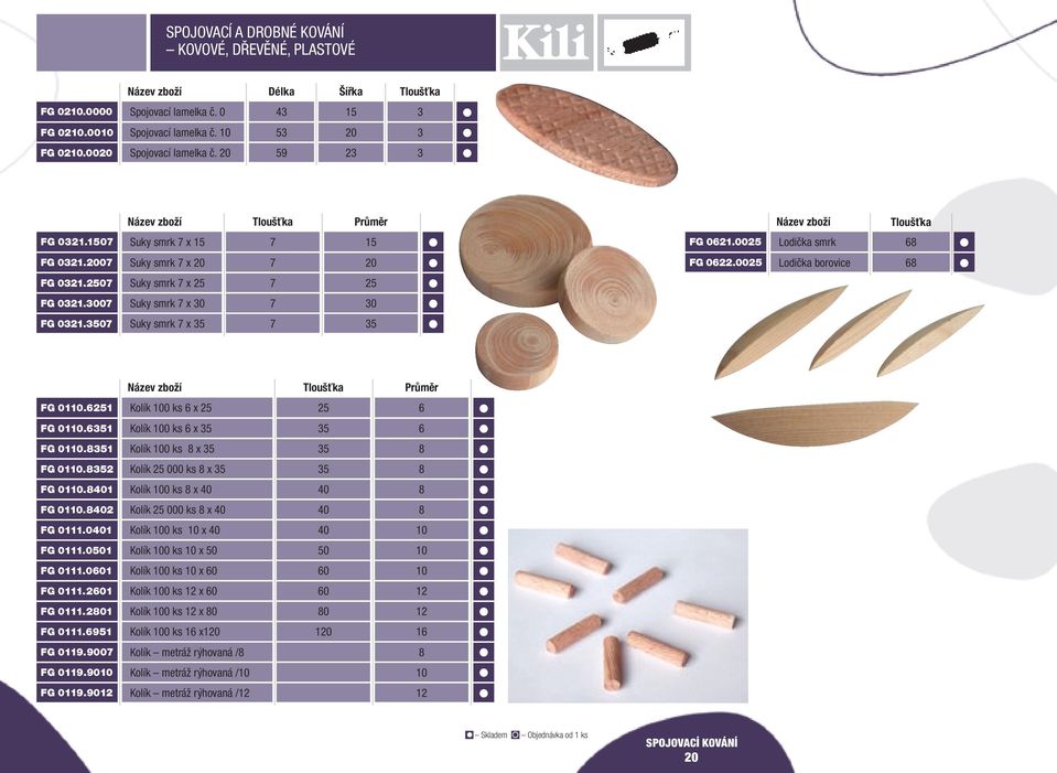 30 Suky smrk x 3 3 Tloušťka Průměr FG 0110.621 Kolík 100 ks 6 x 2 2 6 FG 0110.631 Kolík 100 ks 6 x 3 3 6 FG 0110.31 Kolík 100 ks x 3 3 FG 0110.32 Kolík 2 000 ks x 3 3 FG 0110.