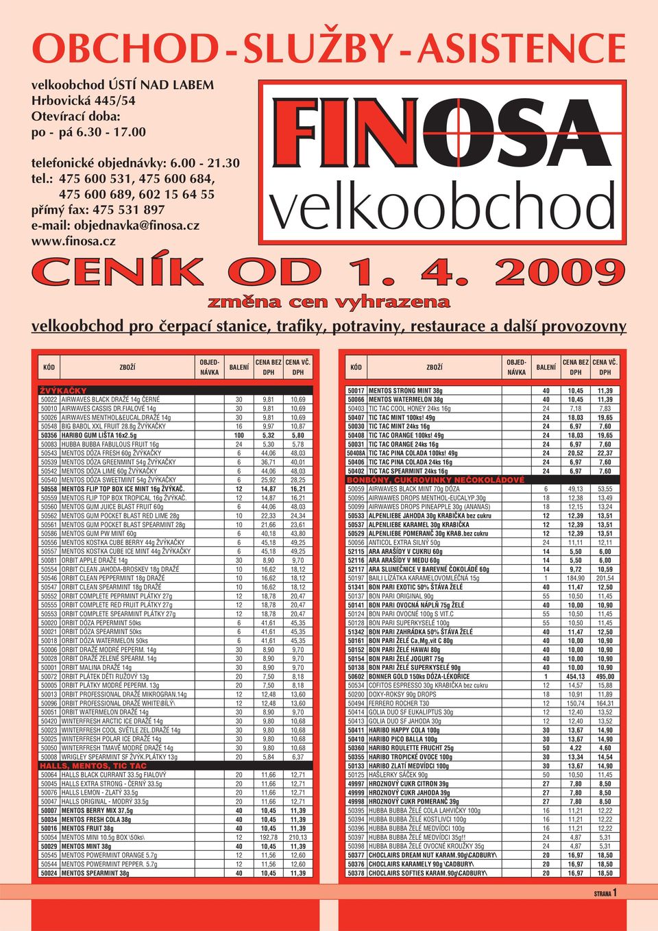 FIALOVÉ 14g 30 9,81 10,69 50026 AIRWAVES MENTHOL&EUCAL.DRAŽÉ 14g 30 9,81 10,69 50548 BIG BABOL XXL FRUIT 28.8g ŽVÝKAČKY 16 9,97 10,87 50356 HARIBO GUM LIŠTA 16x2.