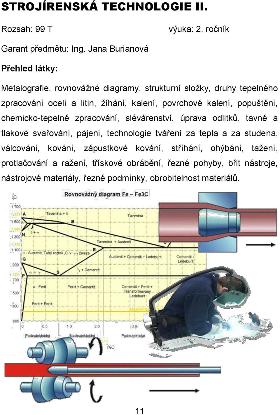 kalení, popuštění, chemicko-tepelné zpracování, slévárenství, úprava odlitků, tavné a tlakové svařování, pájení, technologie tváření za tepla a