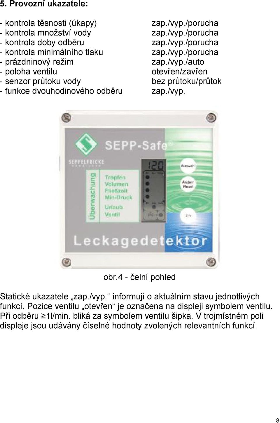 4 - čelní pohled Statické ukazatele zap./vyp. informují o aktuálním stavu jednotlivých funkcí. Pozice ventilu otevřen je označena na displeji symbolem ventilu.