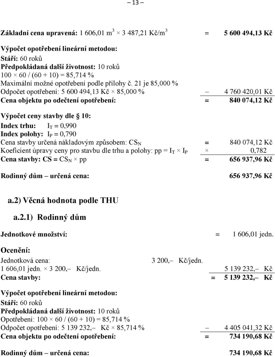 21 je 85,000 % Odpočet opotřebení: 5 600 494,13 Kč 85,000 % 4 760 420,01 Kč Cena objektu po odečtení opotřebení: = 840 074,12 Kč Výpočet ceny stavby dle 10: Index trhu: I T = 0,990 Index polohy: I P