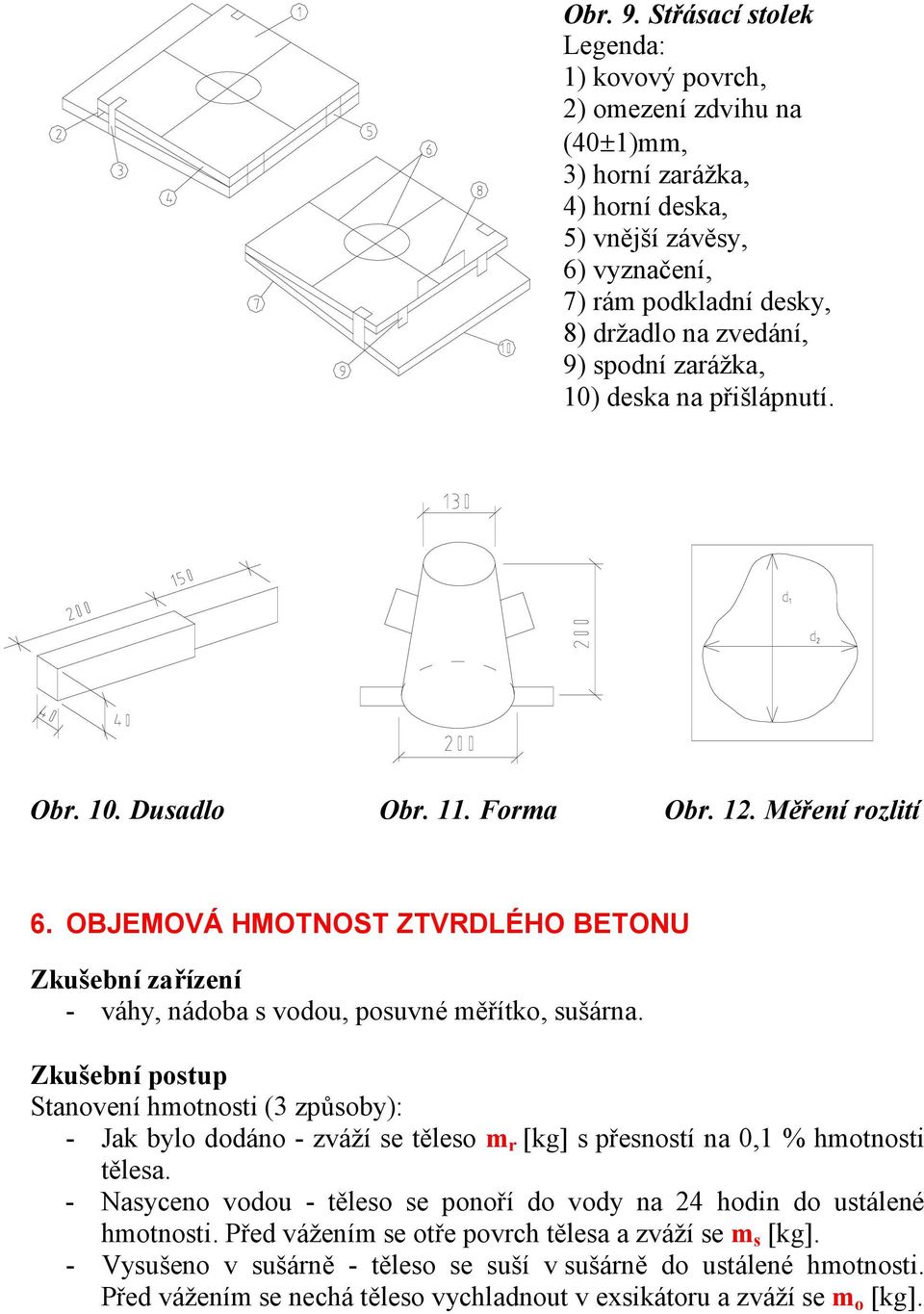 zarážka, 10) deska na přišlápnutí. Obr. 10. Dusadlo Obr. 11. Forma Obr. 12. Měření rozlití 6. OBJEMOVÁ HMOTNOST ZTVRDLÉHO BETONU Zkušební zařízení - váhy, nádoba s vodou, posuvné měřítko, sušárna.