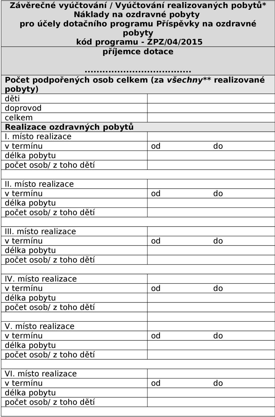 .. Počet podpořených osob celkem (za všechny** realizované pobyty) děti doprovod celkem Realizace