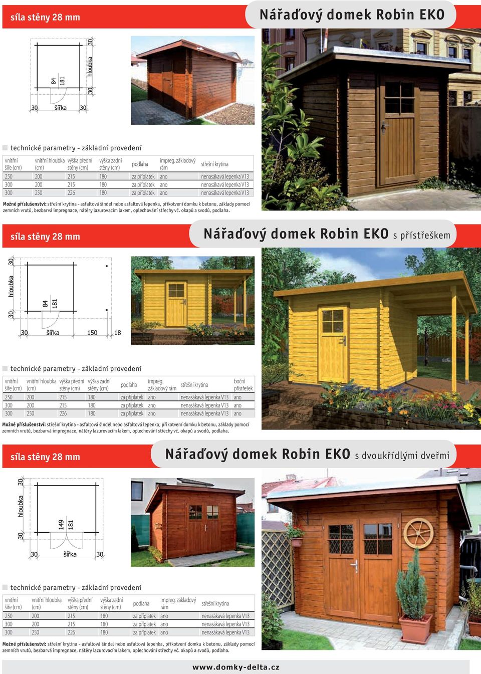 Nářaďový domek Robin EKO s přístřeškem vnitřní vnitřní hloubka výška přední výška zadní stěny stěny základový rám boční 250 200 215 180 za příplatek ano nenasákavá lepenka V13 ano 300 200 215 180 za