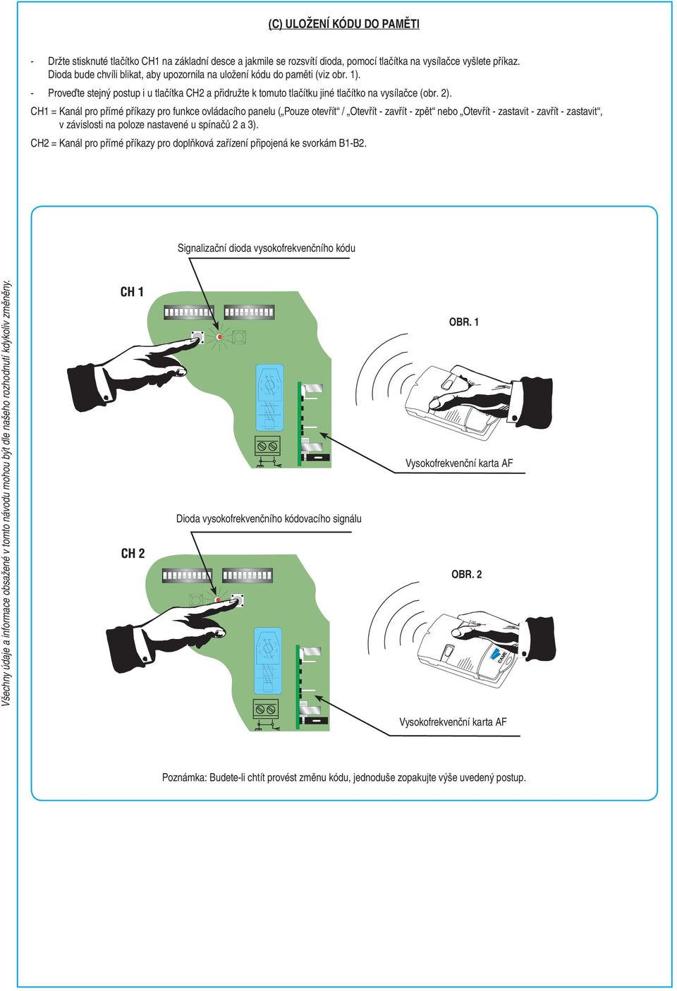 CH1 = Kanál pro přímé příkazy pro funkce ovládacího panelu ( Pouze otevřít / Otevřít - zavřít - zpět nebo Otevřít - zastavit - zavřít - zastavit, v závislosti na poloze nastavené u spínačů 2 a 3).
