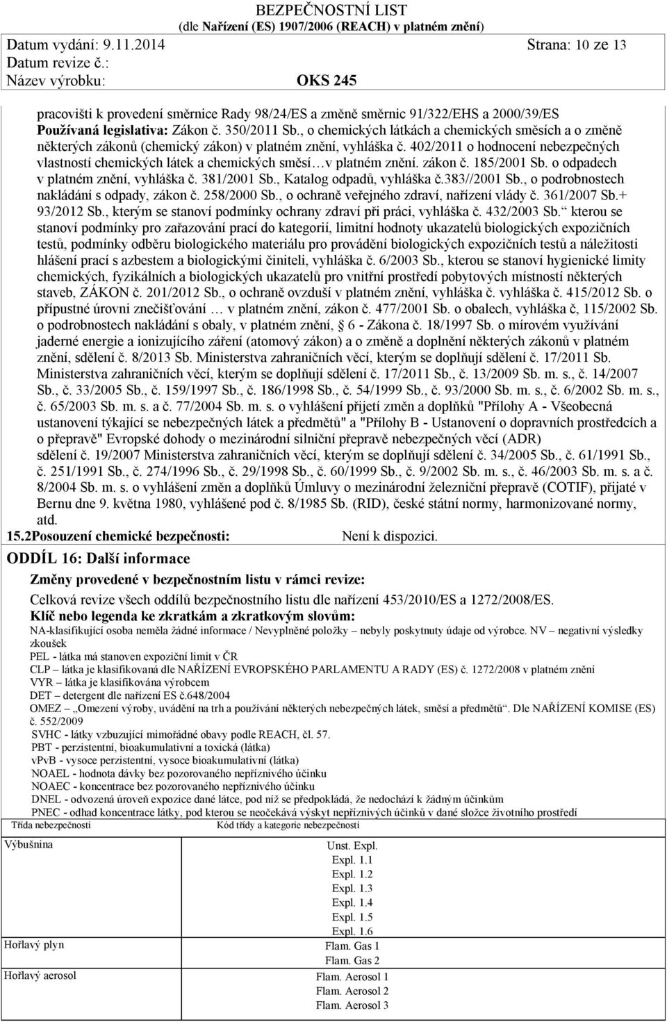 402/2011 o hodnocení nebezpečných vlastností chemických látek a chemických směsí v platném znění. zákon č. 185/2001 Sb. o odpadech v platném znění, vyhláška č. 381/2001 Sb.