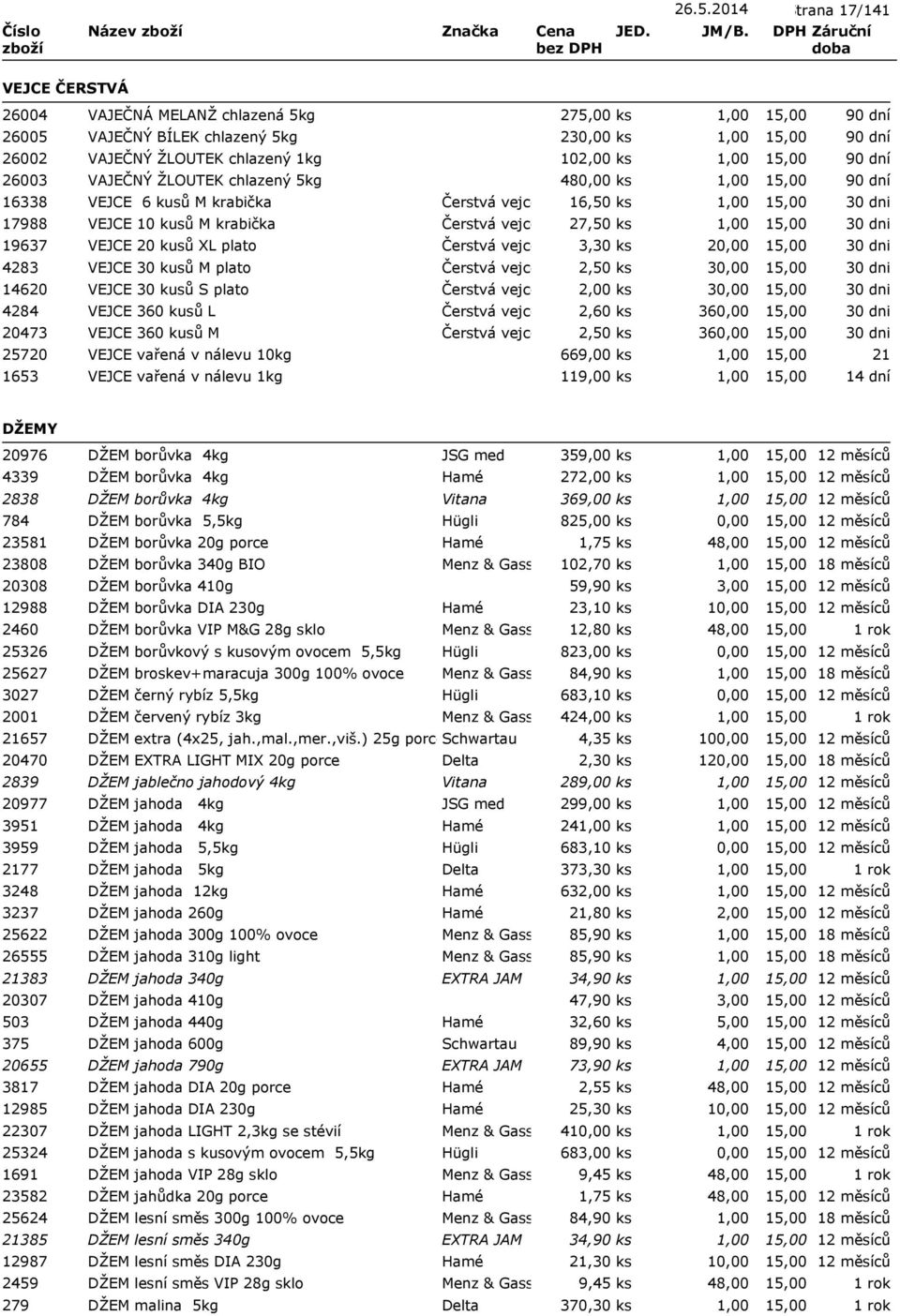 ks 16338 VEJCE 6 kusů M krabička Čerstvá vejce 16,50 ks 17988 VEJCE 10 kusů M krabička Čerstvá vejce 27,50 ks 19637 VEJCE 20 kusů XL plato Čerstvá vejce 3,30 ks 2 4283 VEJCE 30 kusů M plato Čerstvá