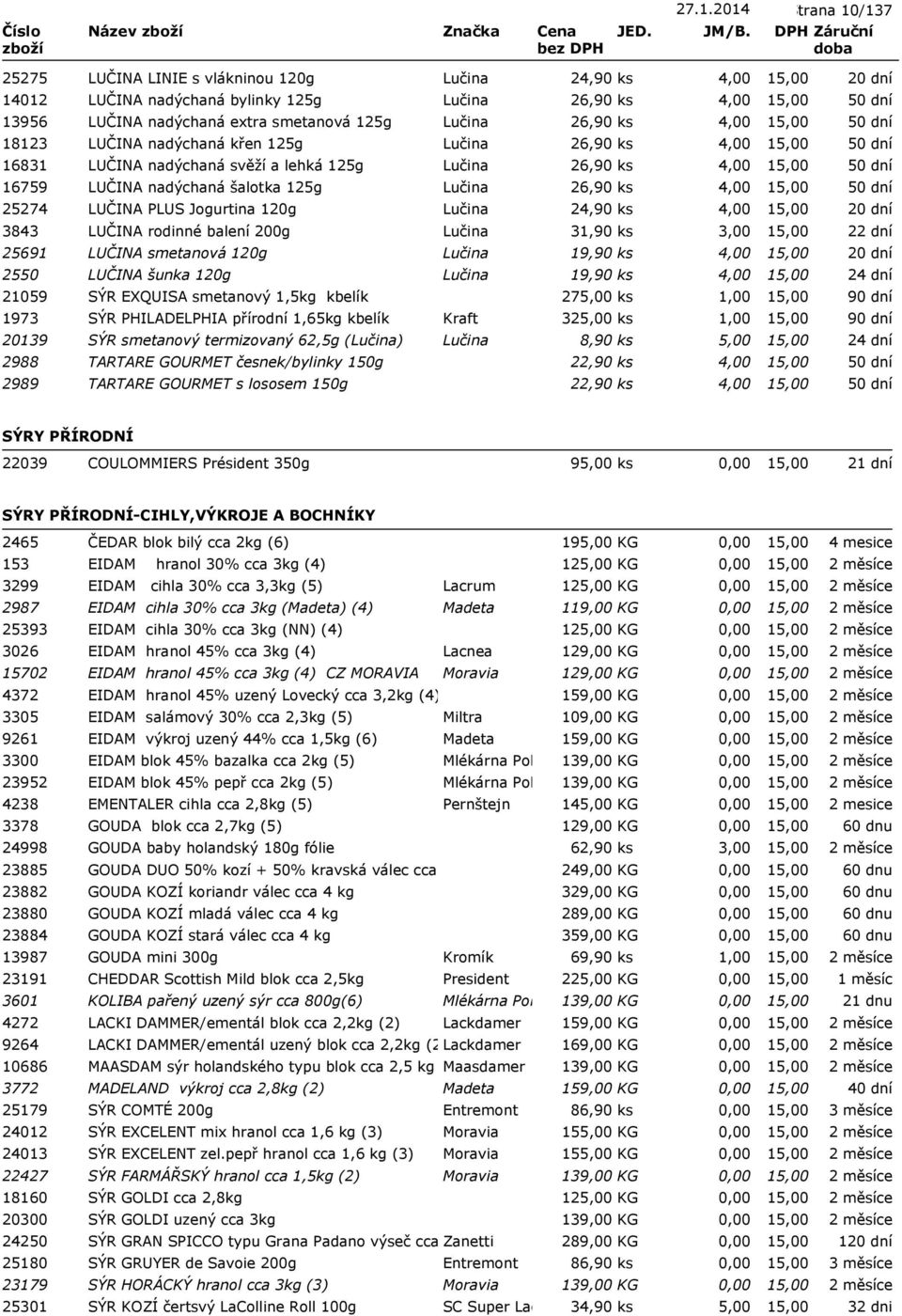 Jogurtina 120g Lučina 24,90 ks 4,00 3843 LUČINA rodinné balení 200g Lučina 31,90 ks 3,00 25691 LUČINA smetanová 120g Lučina 19,90 ks 4,00 2550 LUČINA šunka 120g Lučina 19,90 ks 4,00 21059 SÝR EXQUISA