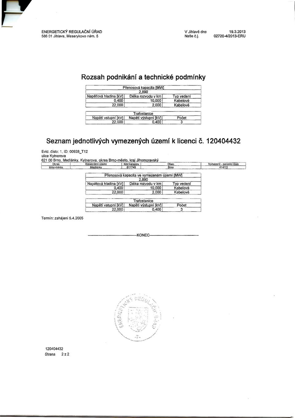 Trafostanice Napetfvstupnf [kv] Napett vystupni n<v] I 22,000 1 0;400 1 Typ vedem' Kabelove Kabelove Potet 3 Seznam jednotlivych vymezenych uzemi k licenci c. 120404432 Evid.