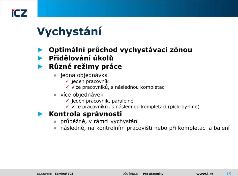 pracovník, paralelně více pracovníků, s následnou kompletací (pick-by-line) Kontrola