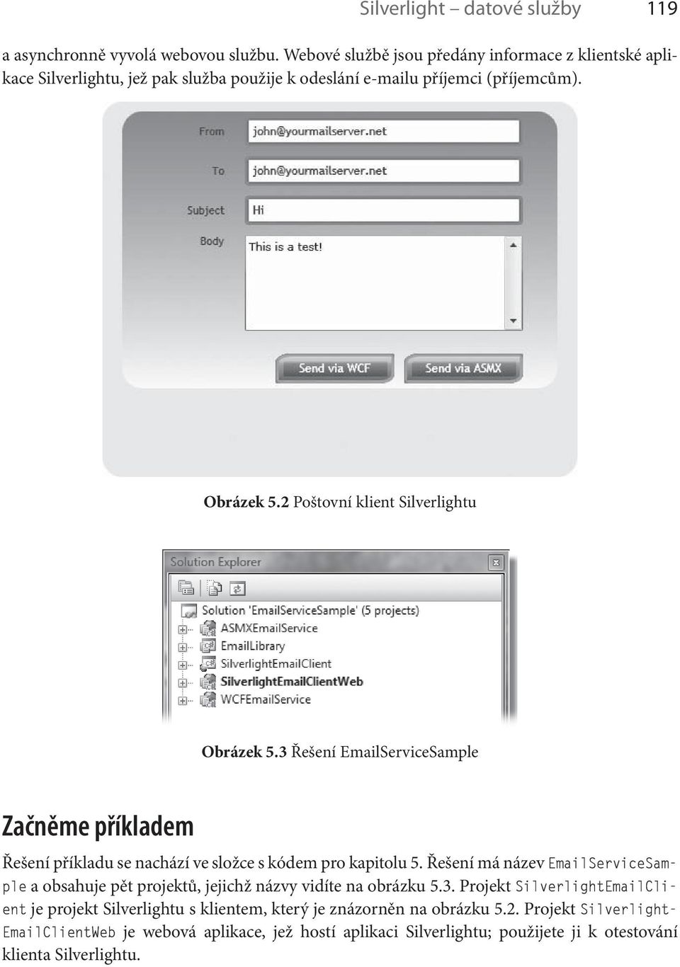 2 Poštovní klient Silverlightu Obrázek 5.3 Řešení EmailServiceSample Začněme příkladem Řešení příkladu se nachází ve složce s kódem pro kapitolu 5.
