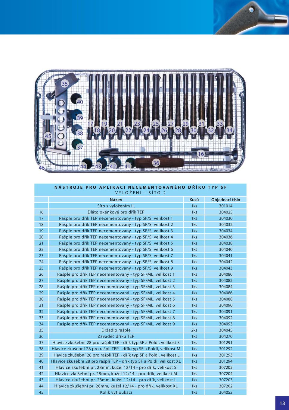 301014 16 Dláto okénkové pro dřík TEP 304025 17 Rašple pro dřík TEP necementovaný - typ SF/S, velikost 1 304030 18 Rašple pro dřík TEP necementovaný - typ SF/S, velikost 2 304032 19 Rašple pro dřík