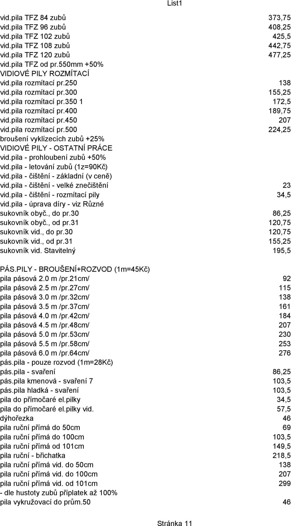 pila rozmítací pr.450 180 207 vid.pila rozmítací pr.500 195 224,25 broušení vyklízecích zubů +25% VIDIOVÉ PILY - OSTATNÍ PRÁCE vid.pila - prohloubení zubů +50% vid.pila - letování zubů (1z=90Kč) vid.