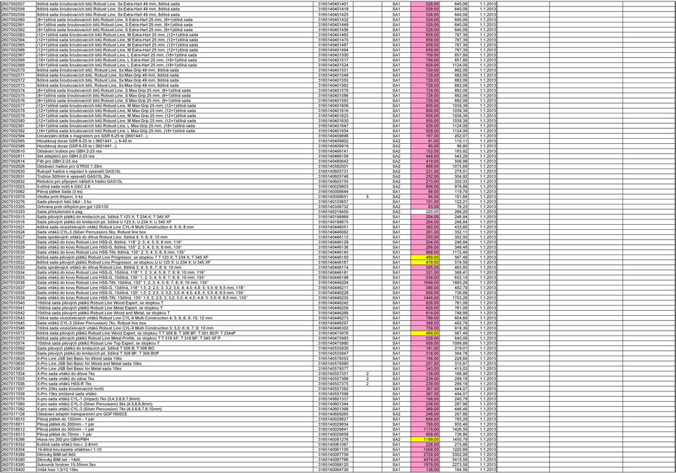 1.2013 2607002560 (8+1)dílná sada šroubovacích bitů Robust Line, S Extra-Hart 25 mm, (8+1)dílná sada 3165140401432 SA1 529,00 640,09 1.1.2013 2607002561 (8+1)dílná sada šroubovacích bitů Robust Line, S Extra-Hart 25 mm, (8+1)dílná sada 3165140401449 SA1 529,00 640,09 1.