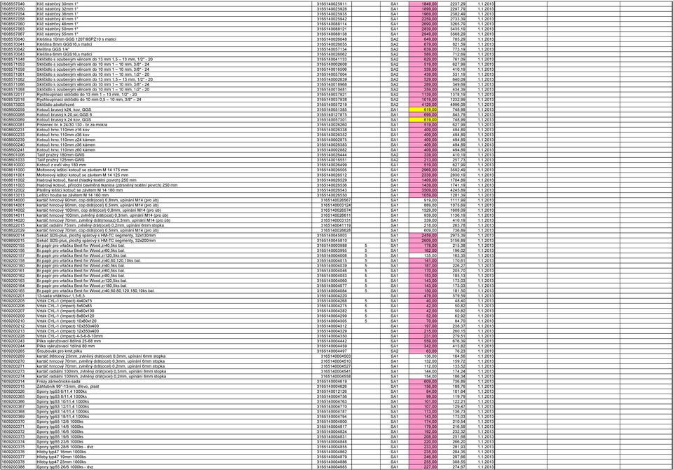 1.2013 1608557067 Klíč nástrćný 55mm 1" 3165140088138 SA1 2949,00 3568,29 1.1.2013 1608570040 Kleština 10mm GGS 1207/9SPZ10 s maticí 3165140026048 SA2 649,00 785,29 1.1.2013 1608570041 Kleština 8mm GGS16,s maticí 3165140026055 SA2 679,00 821,59 1.