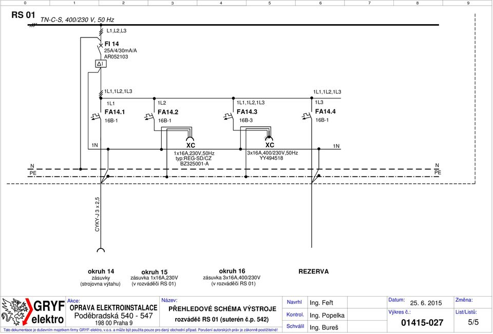 4 16B-1 1 XC 1x16A,230V,50Hz typ:reg-sd/cz BZ325001-A XC 3x16A,400/230V,50Hz YY494518 1 CYKY-J 3 x 2,5 okruh 14
