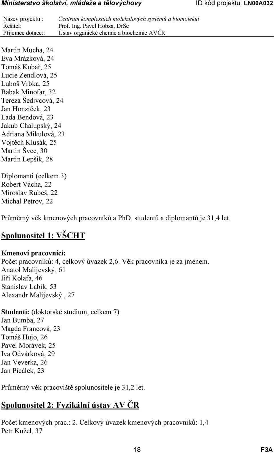 studentů a diplomantů je 31,4 let. Spolunositel 1: VŠCHT Kmenoví pracovníci: Počet pracovníků: 4, celkový úvazek 2,6. Věk pracovníka je za jménem.