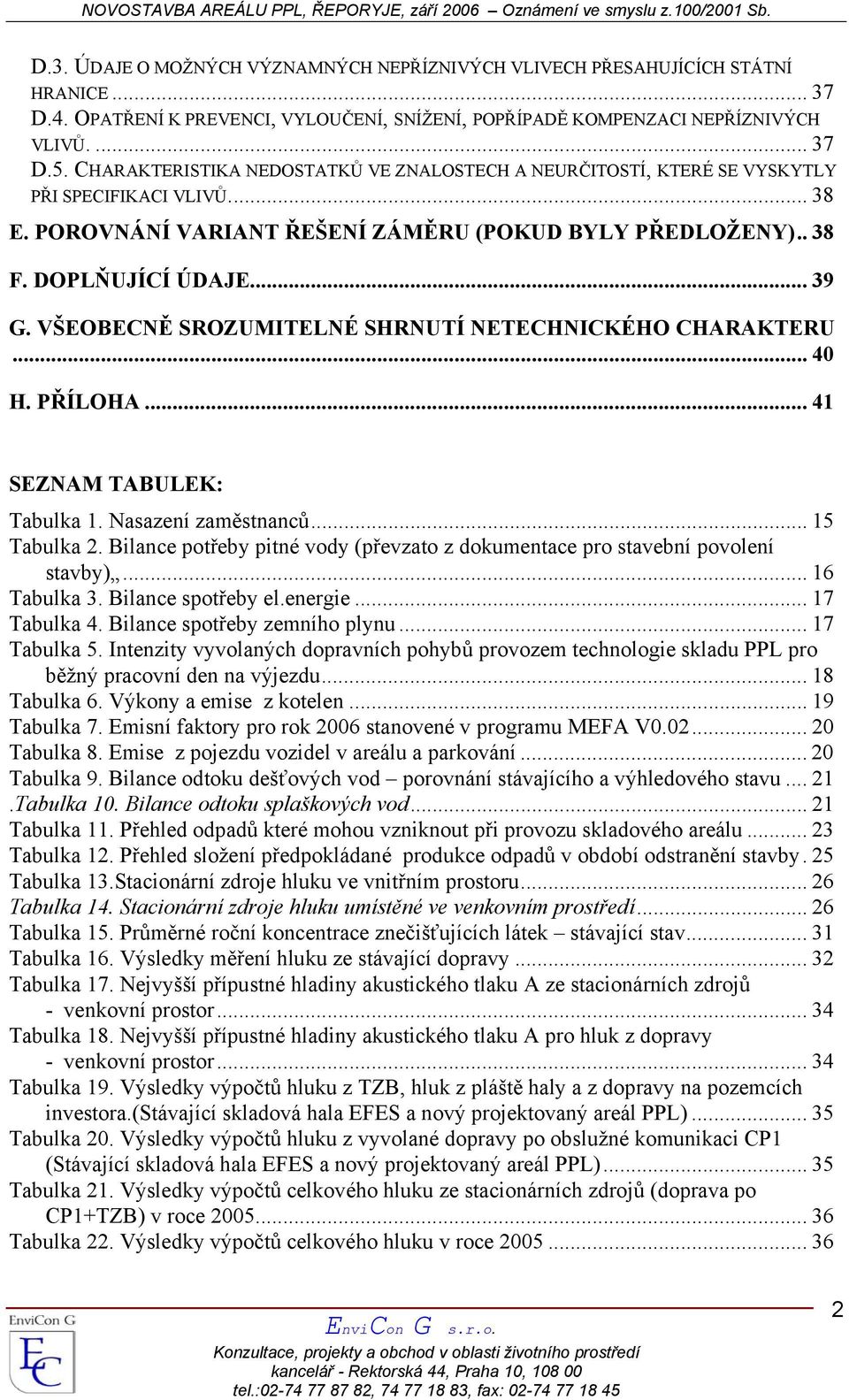 VŠEOBECNĚ SROZUMITELNÉ SHRNUTÍ NETECHNICKÉHO CHARAKTERU... 40 H. PŘÍLOHA... 41 SEZNAM TABULEK: Tabulka 1. Nasazení zaměstnanců... 15 Tabulka 2.