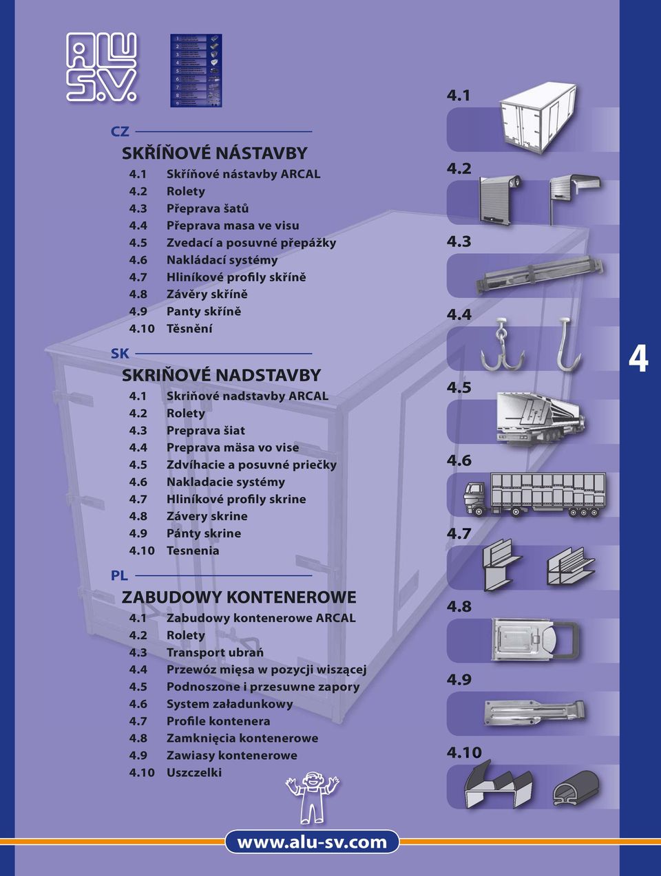 6 Nakladacie systémy 4.7 Hliníkové profily skrine 4.8 Závery skrine 4.9 Pánty skrine 4.10 Tesnenia PL 4.1 Zabudowy kontenerowe ARCAL 4.2 Rolety 4.3 Transport ubrań 4.