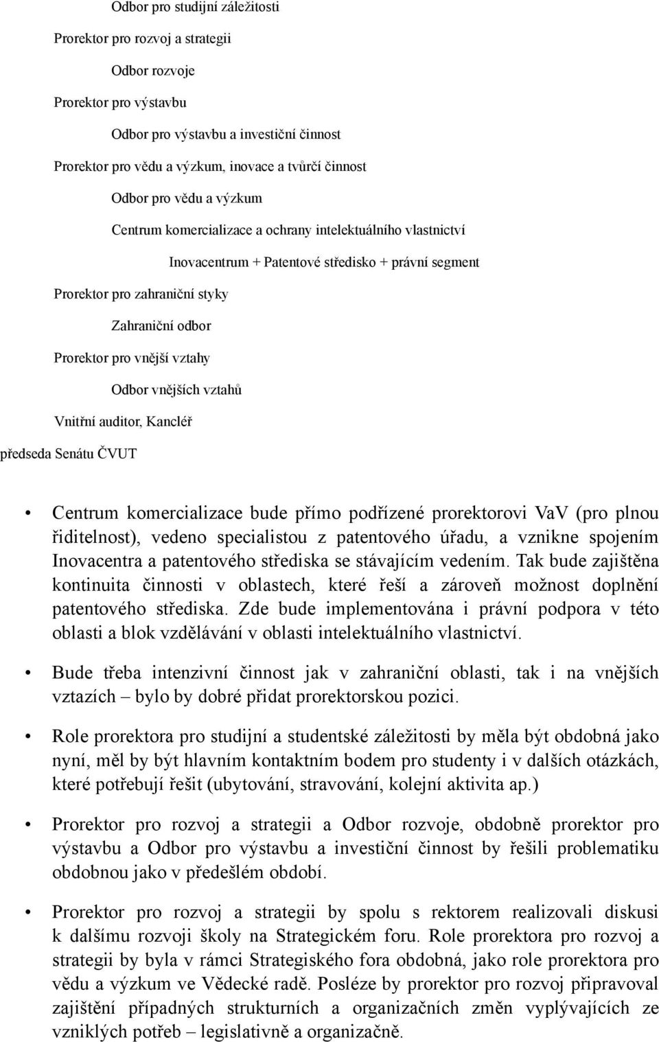 vnější vztahy Odbor vnějších vztahů Vnitřní auditor, Kancléř předseda Senátu ČVUT Centrum komercializace bude přímo podřízené prorektorovi VaV (pro plnou řiditelnost), vedeno specialistou z