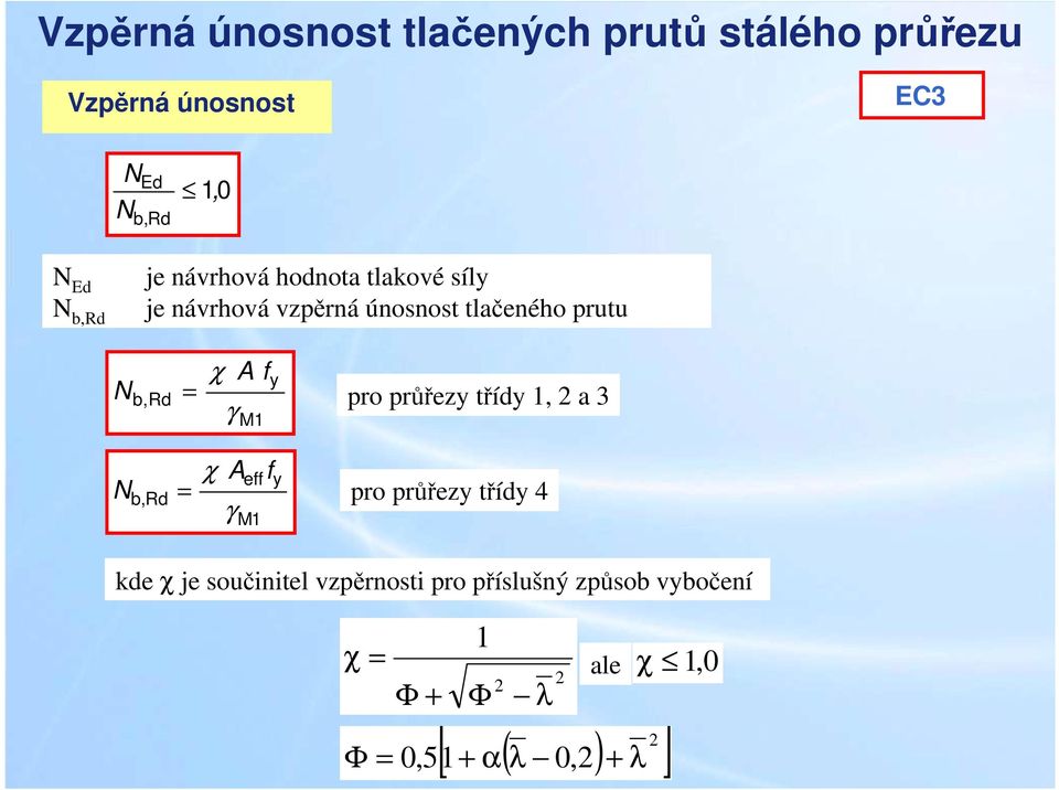 f γ χ A γ M1 eff M1 f y y pro průřezy třídy 1, a 3 pro průřezy třídy 4 kde χ je součinitel