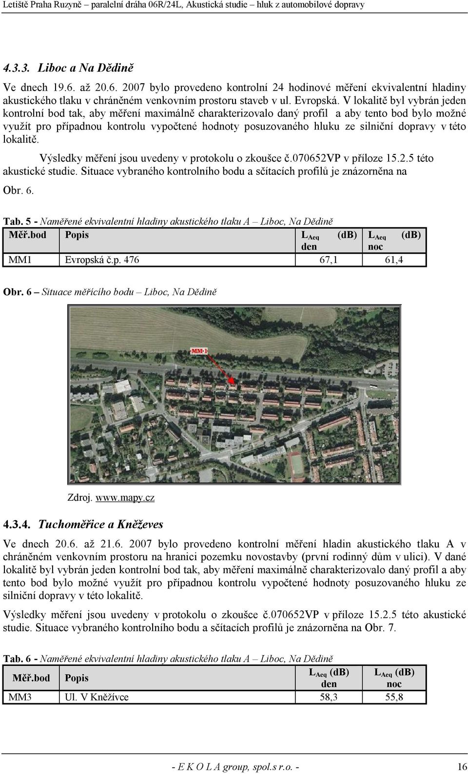 dopravy v této lokalitě. Výsledky měření jsou uvedeny v protokolu o zkoušce č.070652vp v příloze 15.2.5 této akustické studie.