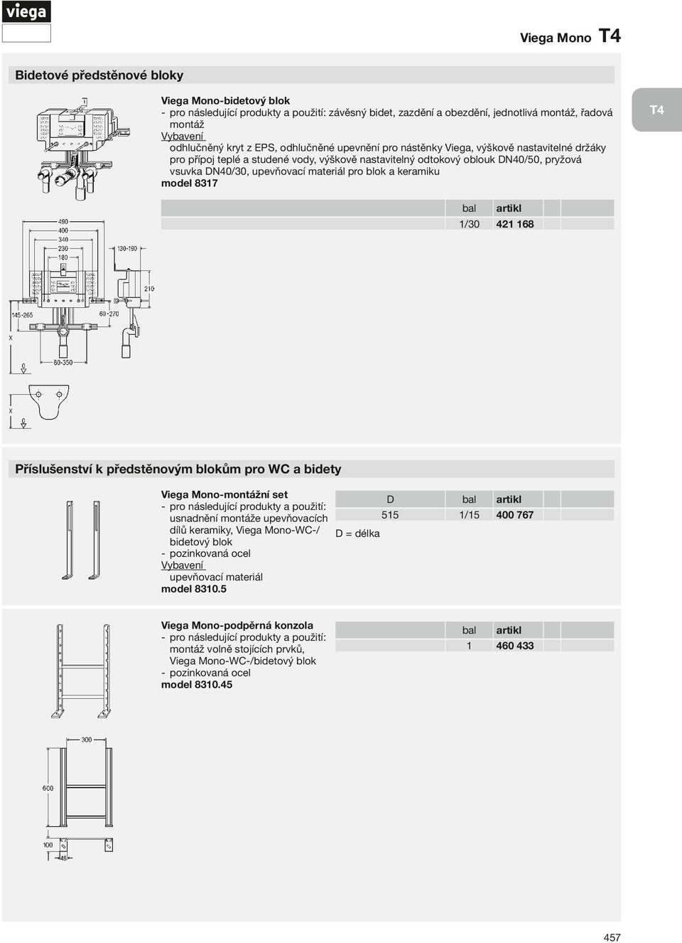 a keramiku model 8317 T4 1/30 421 168 Příslušenství k předstěnovým blokům pro WC a bidety Viega Mono- montážní set pro následující produkty a použití: usnadnění montáže upevňovacích dílů keramiky,