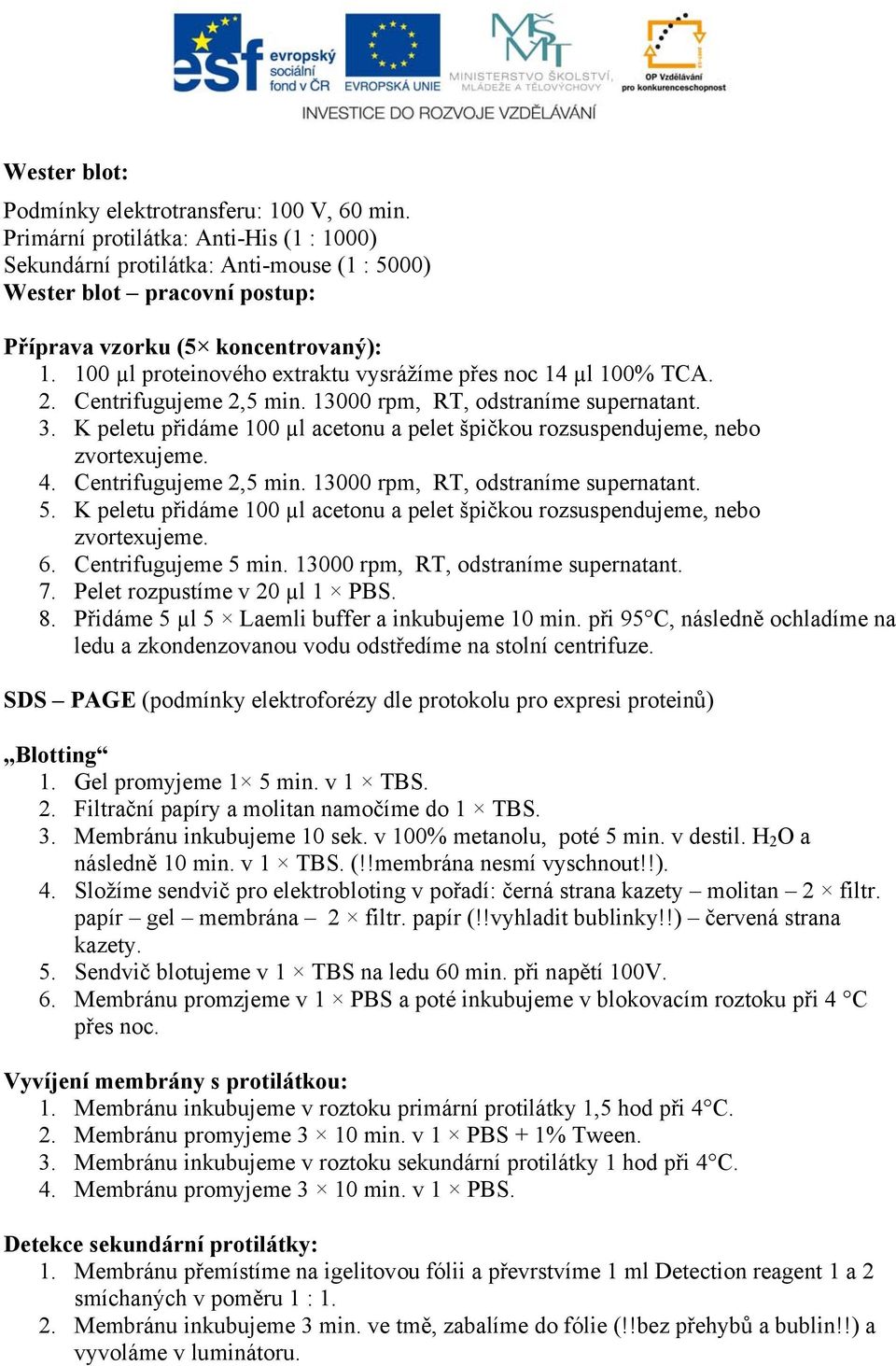 100 µl proteinového extraktu vysrážíme přes noc 14 µl 100% TCA. 2. Centrifugujeme 2,5 min. 13000 rpm, RT, odstraníme supernatant. 3.