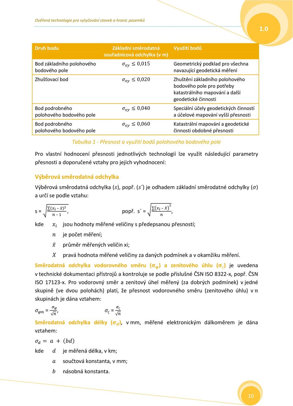 geodetických činností a účelové mapování vyšší přesnosti Katastrální mapování a geodetické činnosti obdobné přesnosti Tabulka 1 - Přesnost a využití bodů polohového bodového pole Pro vlastní