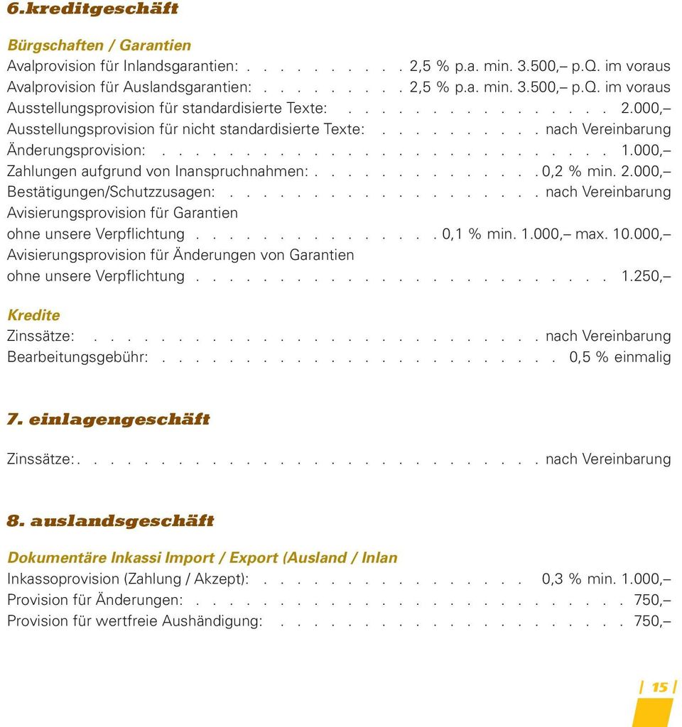 000, Zahlungen aufgrund von Inanspruchnahmen:.............. 0,2 % min. 2.000, Bestätigungen/Schutzzusagen:................... nach Vereinbarung Avisierungsprovision für Garantien ohne unsere Verpflichtung.