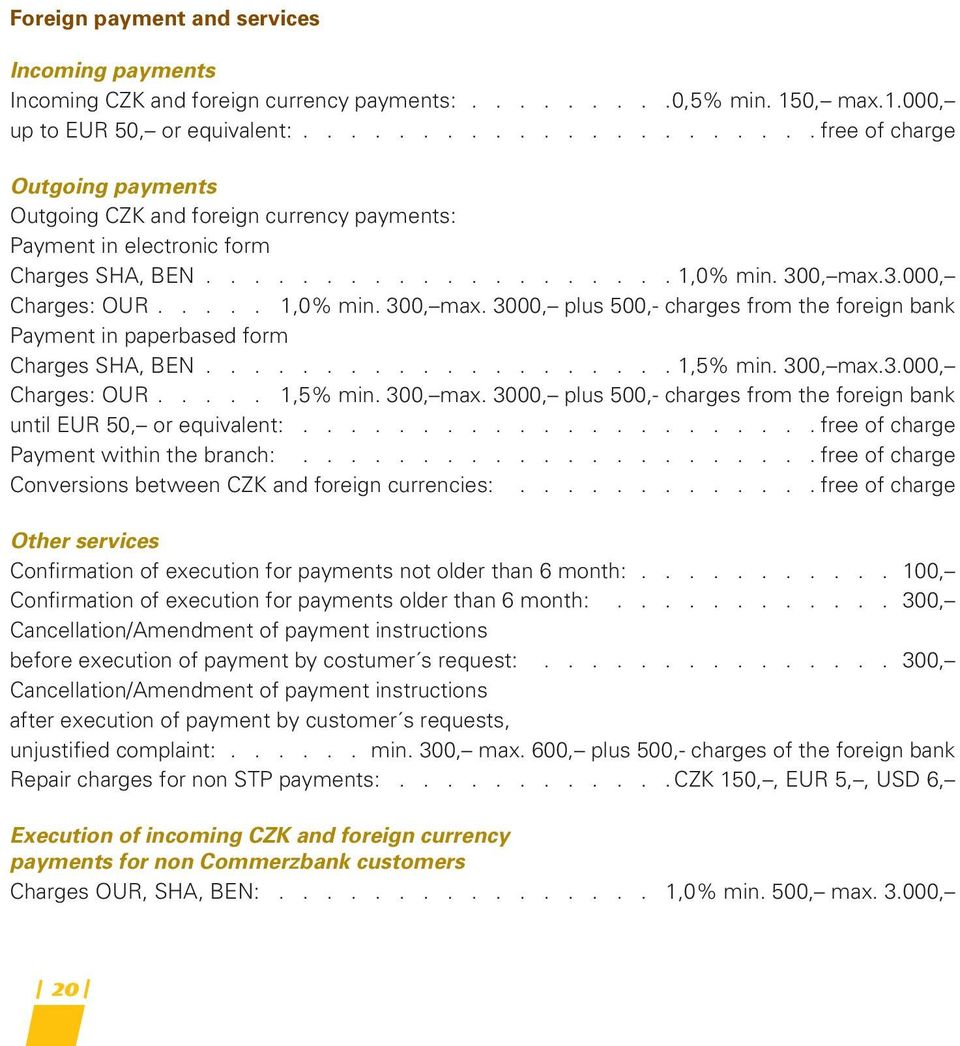 .... 1,0% min. 300, max. 3000, plus 500,- charges from the foreign bank Payment in paperbased form Charges SHA, BEN.................... 1,5% min. 300, max.3.000, Charges: OUR..... 1,5% min. 300, max. 3000, plus 500,- charges from the foreign bank until EUR 50, or equivalent:.