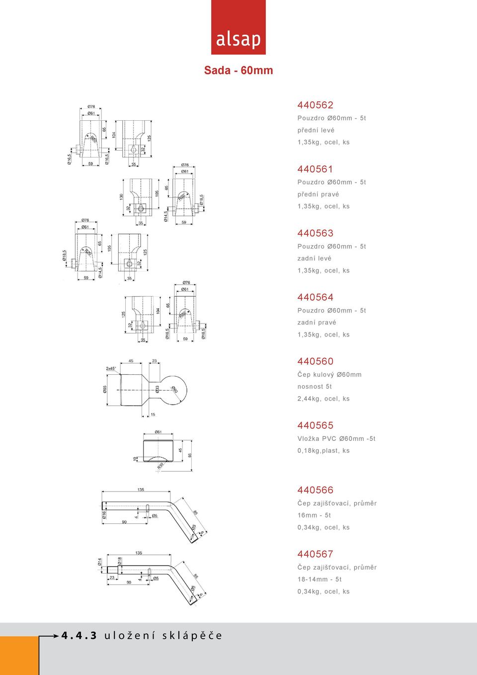 ks 440560 Čep kulový Ø60mm nosnost 5t 2,44kg, ocel, ks 440565 Vložka PVC Ø60mm -5t 0,18kg, 440566 Čep zajišťovací,