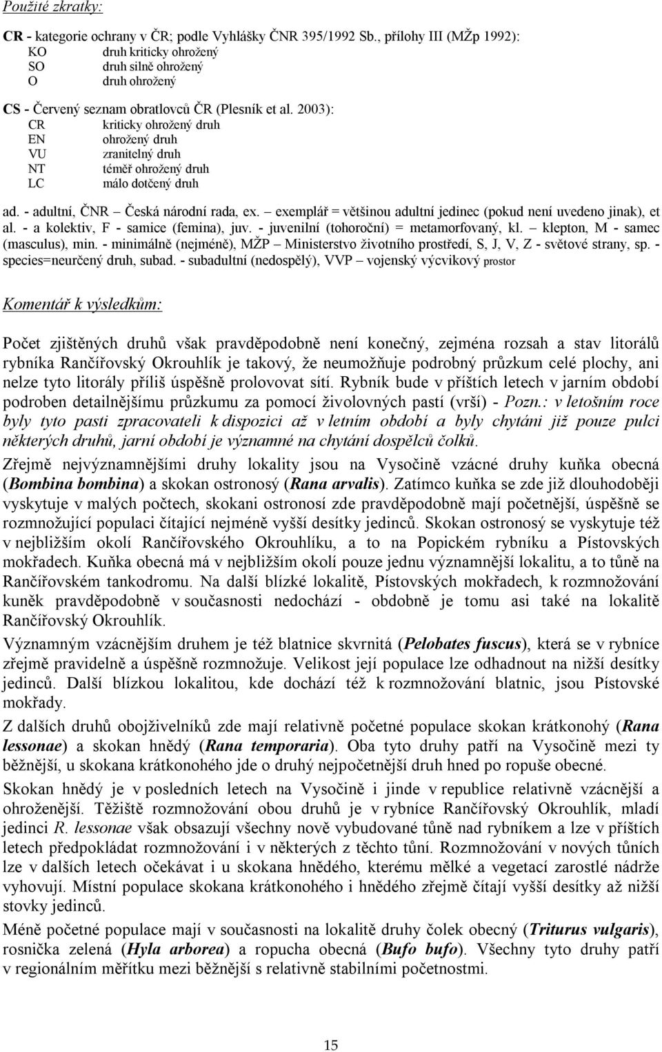 2003): CR kriticky ohrožený druh EN ohrožený druh VU zranitelný druh NT téměř ohrožený druh LC málo dotčený druh ad. - adultní, ČNR Česká národní rada, ex.