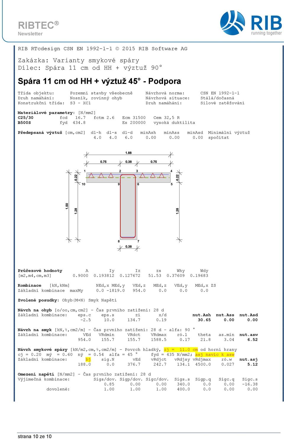 fcd 16.7 fctm 2.6 Ecm 31500 Cem 32,5 R B500S fyd 434.8 Es 200000 vysoká duktilita Předepsaná výztuž [cm,cm2] d1-h d1-s d1-d minash minass minasd Minimální výztuž 4.0 4.0 6.0 0.00 0.