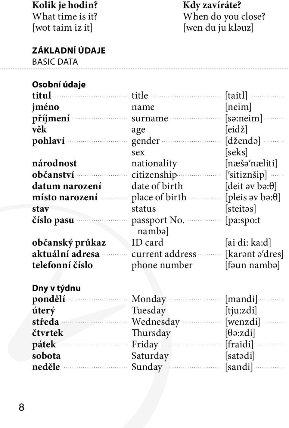 ........ datum narození date of birth [deit әv bә:θ] místo narození place of birth [pleis әv bә:θ]...... stav status [steitәs] číslo pasu passport No. [pa:spo:t.