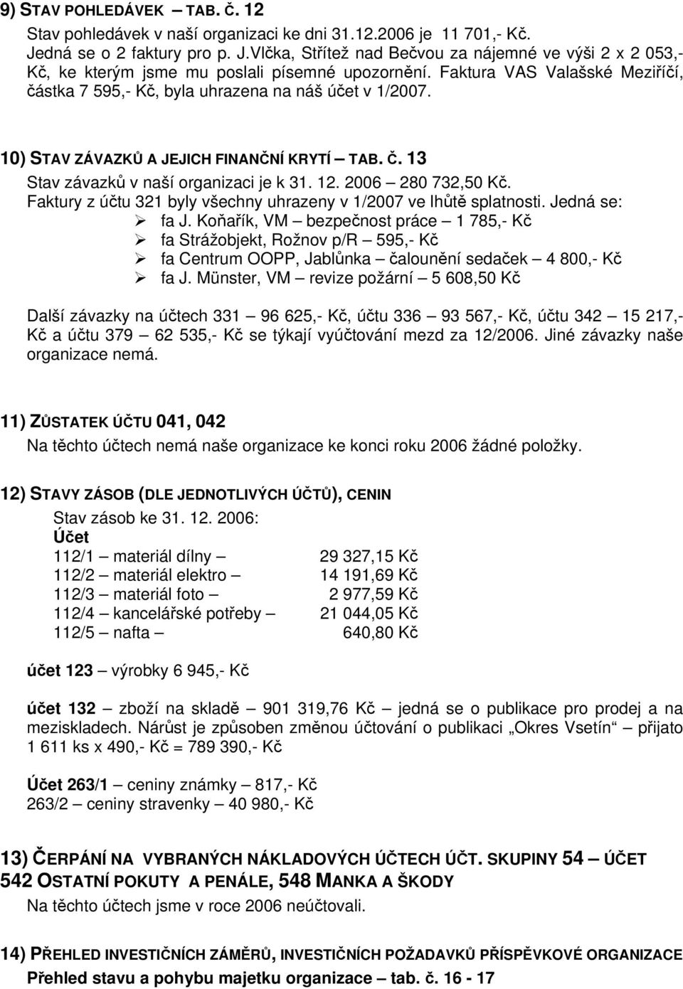 Faktura VAS Valašské Meziříčí, částka 7 595,- Kč, byla uhrazena na náš účet v 1/2007. 10) STAV ZÁVAZKŮ A JEJICH FINANČNÍ KRYTÍ TAB. Č. 13 Stav závazků v naší organizaci je k 31. 12.