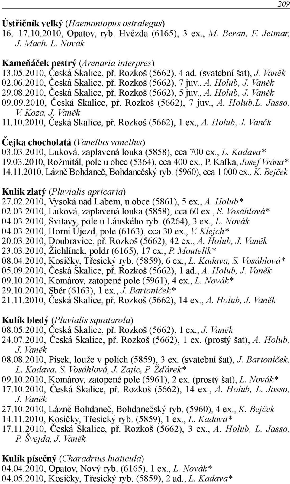 09.2010, Česká Skalice, př. Rozkoš (5662), 7 juv., A. Holub,L. Jasso, V. Koza, 11.10.2010, Česká Skalice, př. Rozkoš (5662), 1 ex., A. Holub, Čejka chocholatá (Vanellus vanellus) 03.