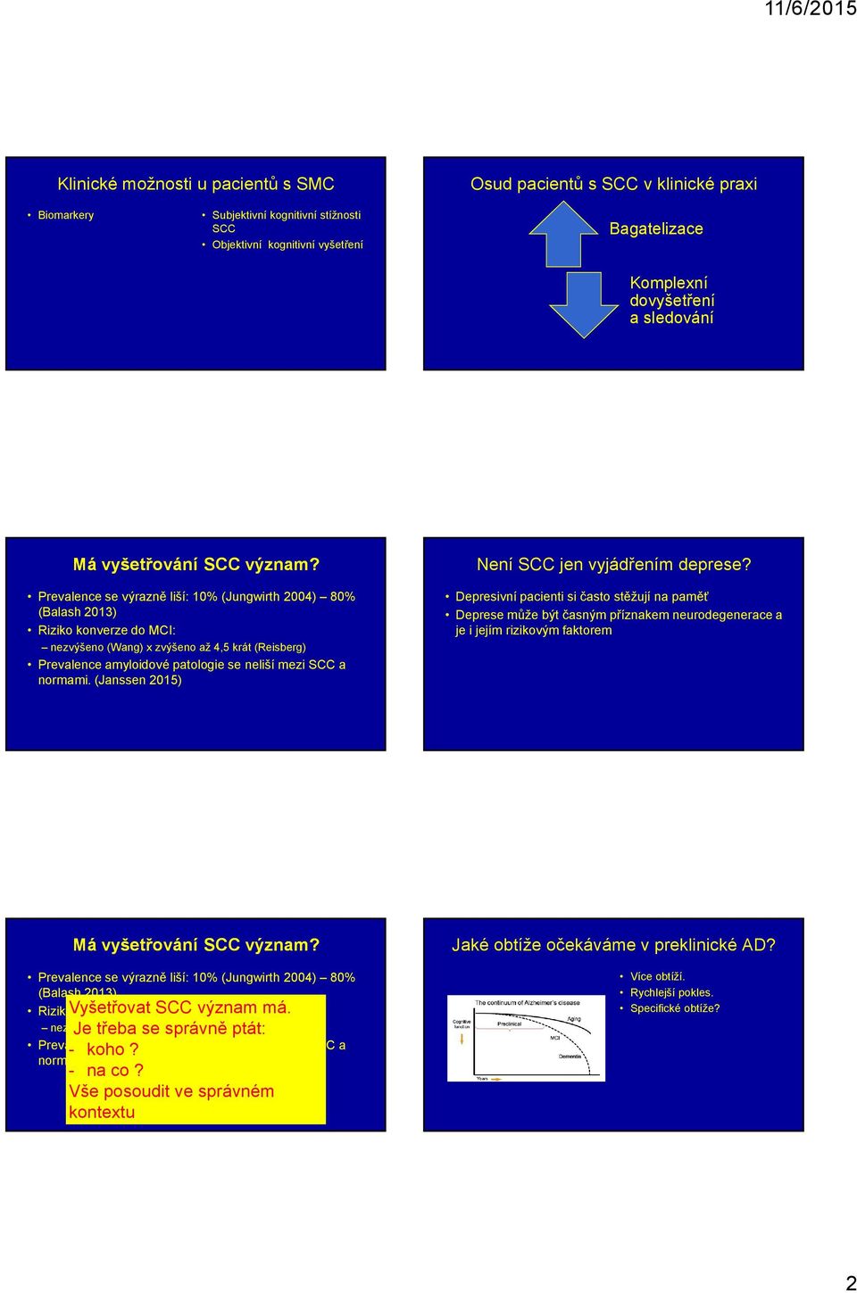 Prevalence se výrazně liší: 10% (Jungwirth 2004) 80% (Balash 2013) Riziko konverze do MCI: nezvýšeno (Wang) x zvýšeno až 4,5 krát (Reisberg) Prevalence amyloidové patologie se neliší mezi a normami.